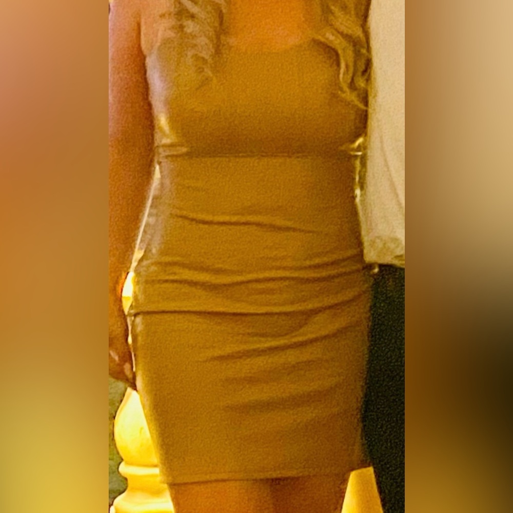 Guess Gold Ruched Strapless Bodycon Dress